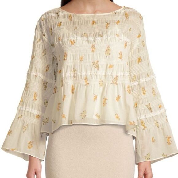 Rebecca Taylor Ines Smocked Blouse Floral Cream Top Size S - Picture 1 of 15